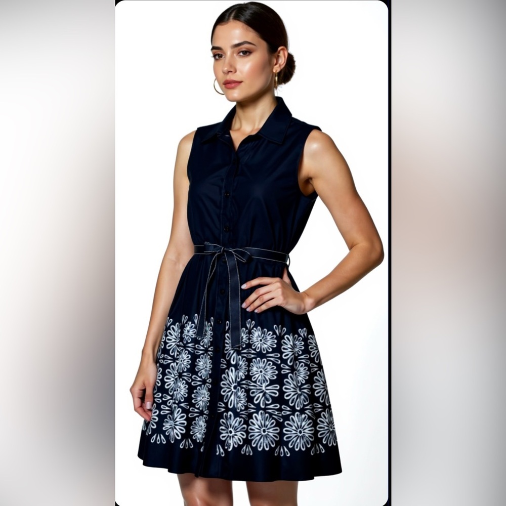 Oscar de la Renta by company Navy Blue Sleeveless Dress with White Floral Design